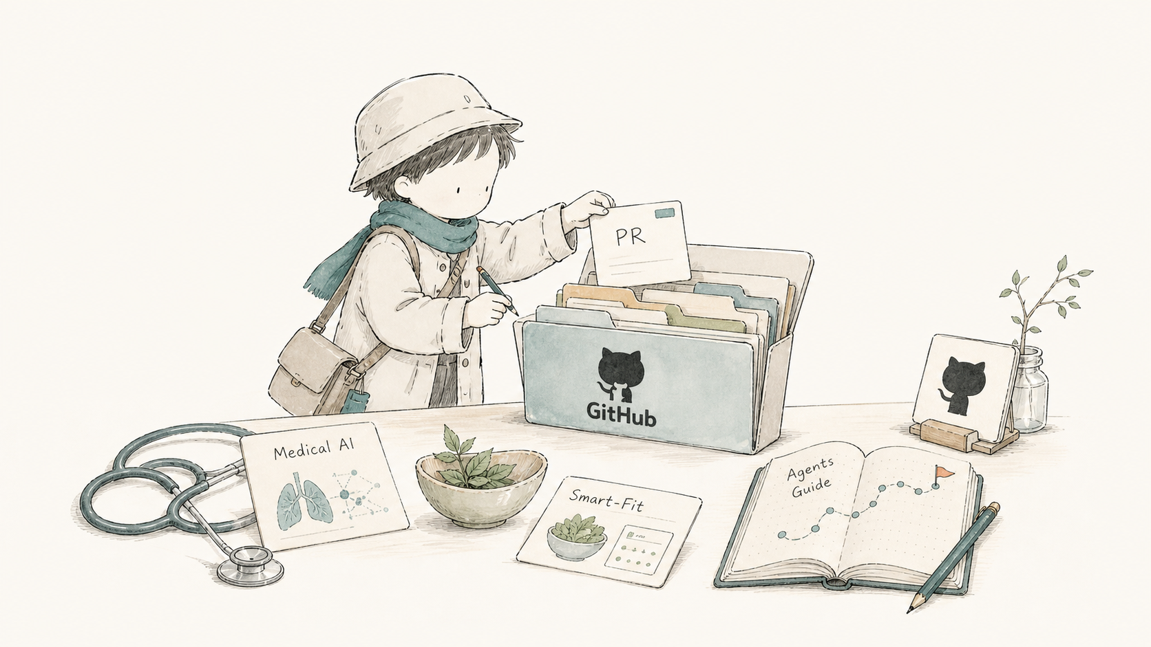 Japanese hand-drawn open-source contribution workbench with GitHub and medical AI project clues