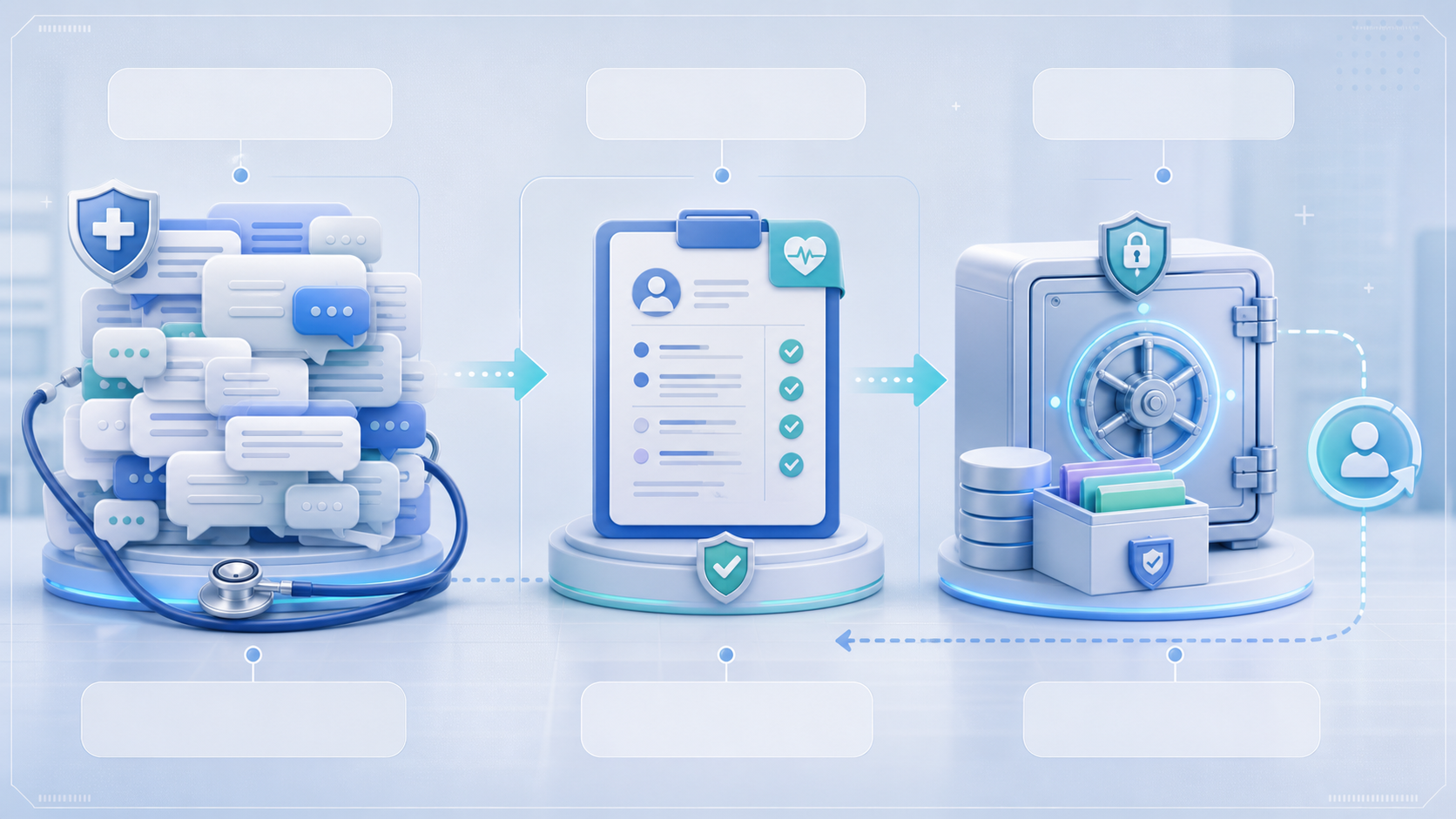 A clinical handoff style flow from large chat to handoff note to archive