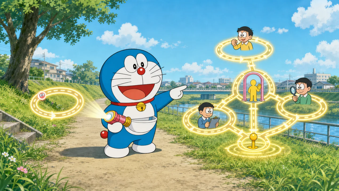 Doraemon demonstrates the transition from one isolated feedback loop to a grounded network of governed loops