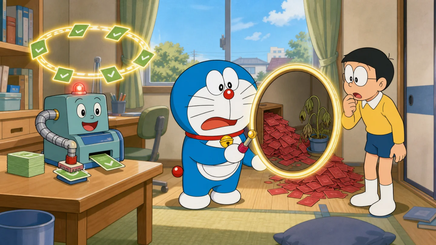 Doraemon uses a reality mirror to reveal unresolved work behind a positive metric
